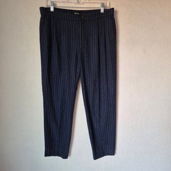Madewell Pleated Track Trousers Cotton Linen Wool Blend Blue Pinstripe - Picture 4 of 15
